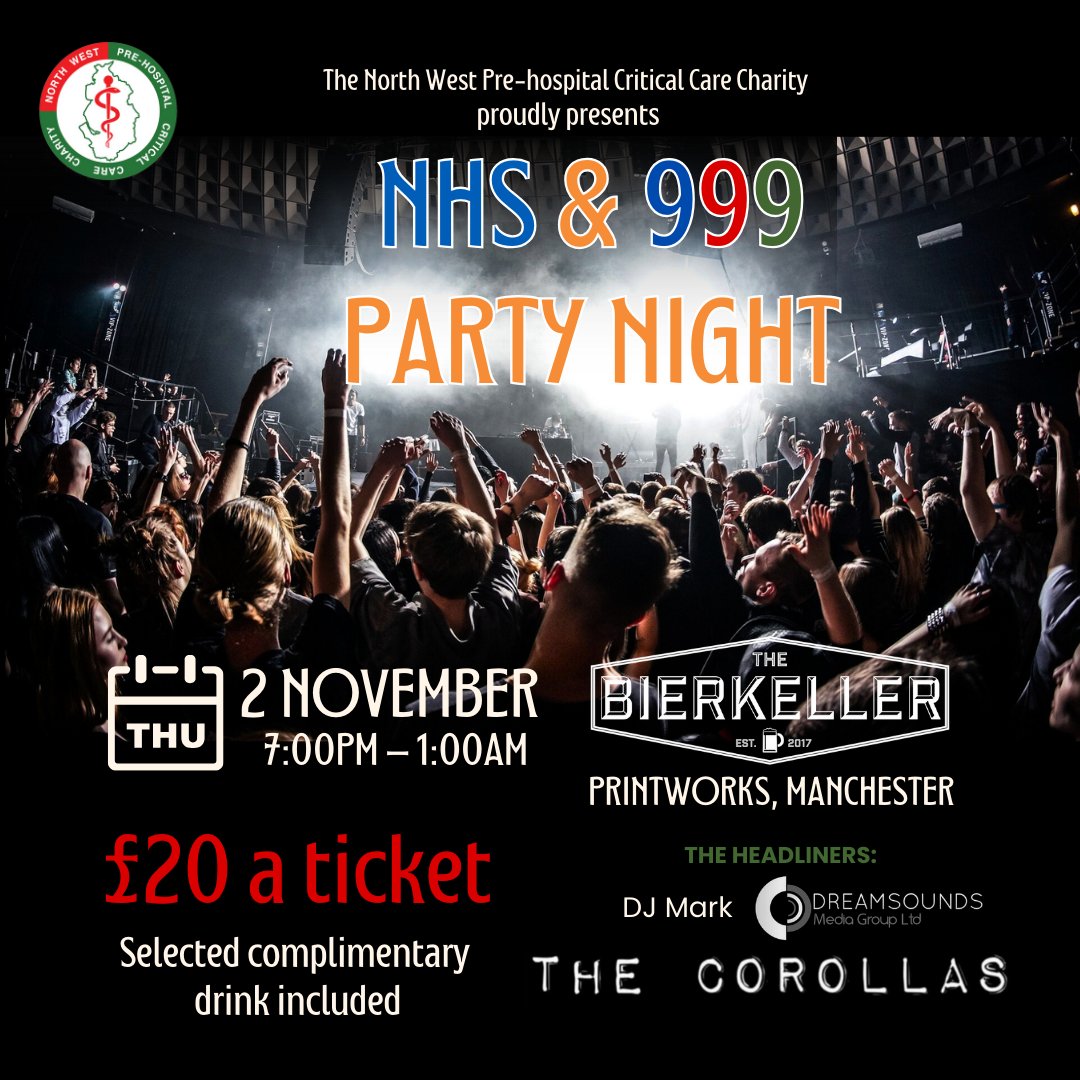 Not long to go folks before our inaugural NHS & 999 Night. We've had a flurry of ticket sales today which is great news. Tickets won't be available on the door so please ensure you get your tickets beforehand so you don't miss out. Spread the word. nwpcc.charity/party-night/