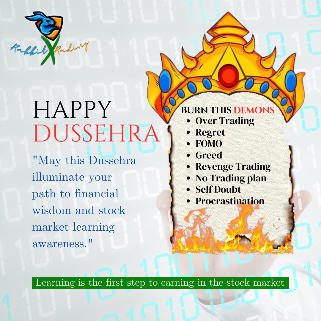 RabbitxTrading's tweet image. Absolutely! Learning is the first step to earning in the stock market. Happy Dussehra!
.
.
#HappyDussehra #DussehraWishes #StockMarketLearning #FirstStepToEarning #HappyDussehraWishes #LearningAndEarning #StockMarketTips #DussehraCelebration #HappyFestivities #DussehraJoy