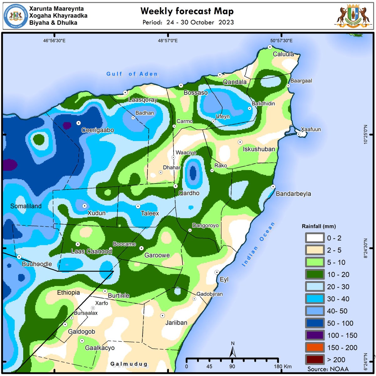 🌧️ Here's the seven-day cumulative rainfall forecast from October 24th to 30th, 2023. #Puntland #Imc_Puntland