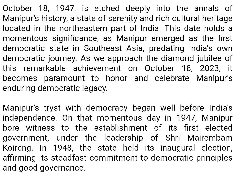 This article by Hijam Rajen highlights Manipur as the pioneer state for democracy in all of South East Asia. Manipur became a democratic establishment well before the merger with the Indian Union. 
e-pao.net/epSubPageExtra…
