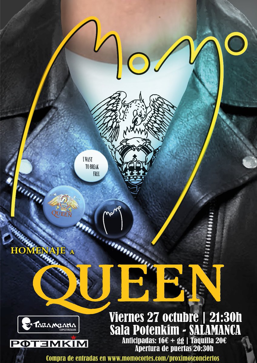 ConciertosenSal's tweet photo. ¡Este Viernes! @momocortes - Homenaje a QUEEN 🎸🎶 
Viernes 27 de Octubre a las 21:30h en sala Potemkim #Salamanca

Momo no es un tributo a Queen, es una interpretación de su música, un homenaje.
Entrada ant: 16€
Entérate de +eventos en: https://t.co/NUyJyEWOT5 https://t.co/PbuQbgTcqf