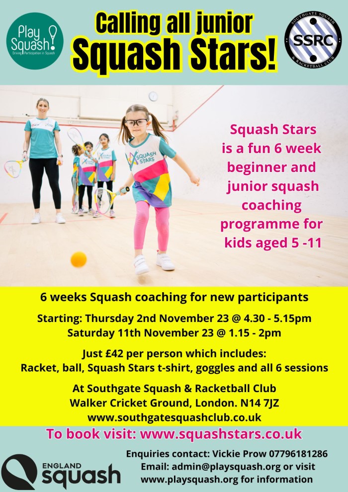 Squash Stars is our unmissable 6 week junior programme <a href="/S_SR_C/">SSRC</a> for kids aged 5-9 yrs. From 6 Nov, we encourage your child to collect stardust in skills such as hand-eye coordination, racket work, movement, balance, and match play. In conjunction with <a href="/PlaySquash1/">Play Squash</a>.