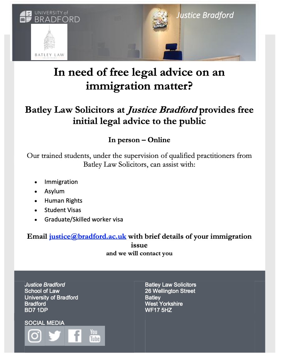 We are delighted to announce that <a href="/BatleyLaw/">Batley Law</a>  Solicitors will be providing free initial immigration advice at Justice Bradford the University’s School of Law Clinic.#justiceforbradford #lawandjustice #law #immigrationlaw #lawclinic #justice #Immigration 
<a href="/EngoboE/">Engobo Emeseh</a> <a href="/UniofBradford/">University of Bradford</a>