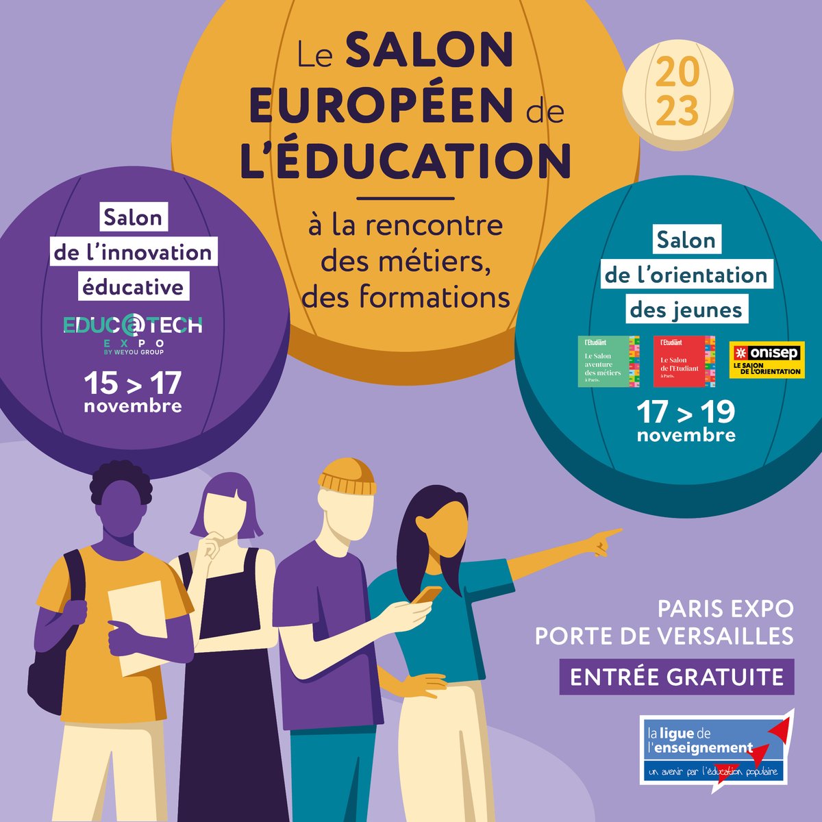 [#Savethedate] Le Salon de l'éducation revient en novembre à Paris Expo : . 15>17/11 : Salon de l'innovation éducative avec @educatechexpo . 17>19/11 : Salon de l'orientation dédié aux jeunes avec @letudiant et @Onisep Entrée gratuite! salon-education.com