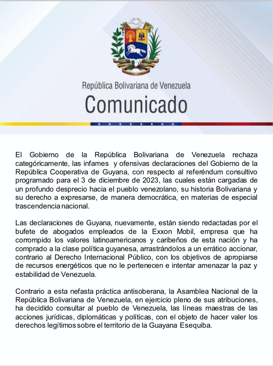 MijpVzla's tweet image. #24OCT || Venezuela rechaza ofensivas declaraciones del Gobierno de Guyana respecto a referéndum consultivo sobre el Esequibo

 (+COMUNICADO) 📄