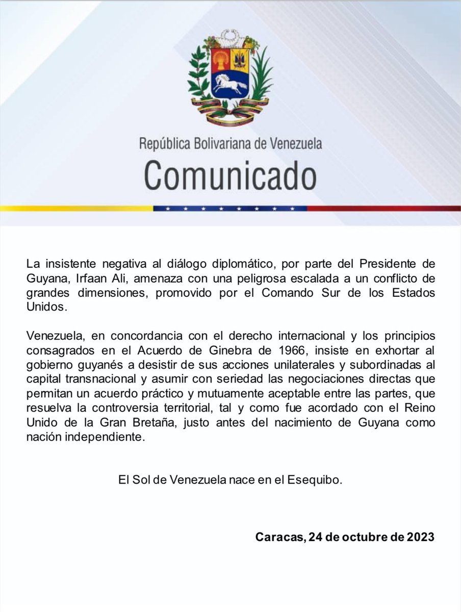 MijpVzla's tweet image. #24OCT || Venezuela rechaza ofensivas declaraciones del Gobierno de Guyana respecto a referéndum consultivo sobre el Esequibo

 (+COMUNICADO) 📄