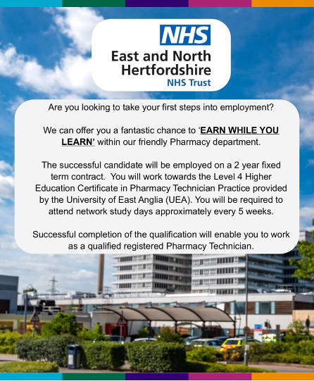 We are recruiting for a Pre-registration Trainee Pharmacy Technician who shares our vision to be trusted to provide consistently outstanding care and exemplary service to our patients.

Apply Online - jobs.enherts-tr.nhs.uk/job/v5695824
