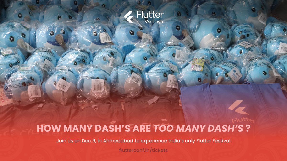 flutterconfin's tweet image. #Flutter #Community 🤩
Attention please 🚨
How many Dash’s are too many Dash’s? 👀
Grab your #FlutterConfIndia2023 tickets now from flutterconf.in/tickets and get a chance to win exclusive dash and other #Flutter goodies at the conference 🎉
@FlutterDev @Firebase @nlycskn