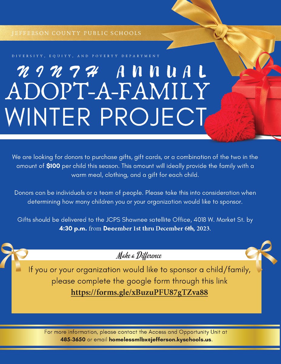 We are in need of sponsors to help support over 200 homeless JCPS families during our 2023 Adopt-A-Family Winter Project.  

If you would like to become a sponsor, sign-up online at forms.gle/xBuzuPFU87gTZv….