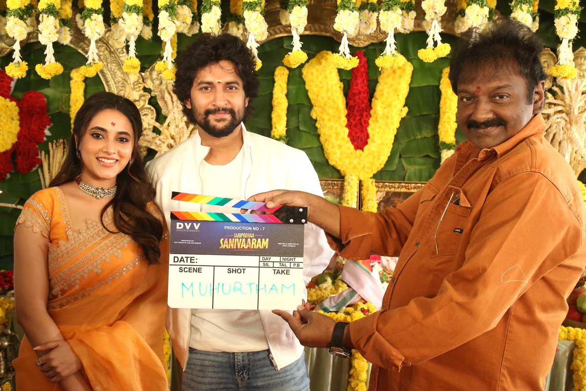 rameshlaus's tweet photo. With the blessings of TFI's big wings, #SaripodhaaSanivaaram begins with an auspicious pooja ceremony ❤️‍🔥

🎬 Clap by #VVVinayak
🎥 Swtiched on by #DilRaju
🎬 First shot direction by @Iam_SJSuryah 

The shoot kicks off in November 2023! 🔥

Natural 🌟 @NameisNani 
@iam_SJSuryah #VivekAthreya @priyankaamohan @JxBe @muraligdop @karthikaSriniva @Vinciraj_NC @IamKalyanDasari @DVVMovies