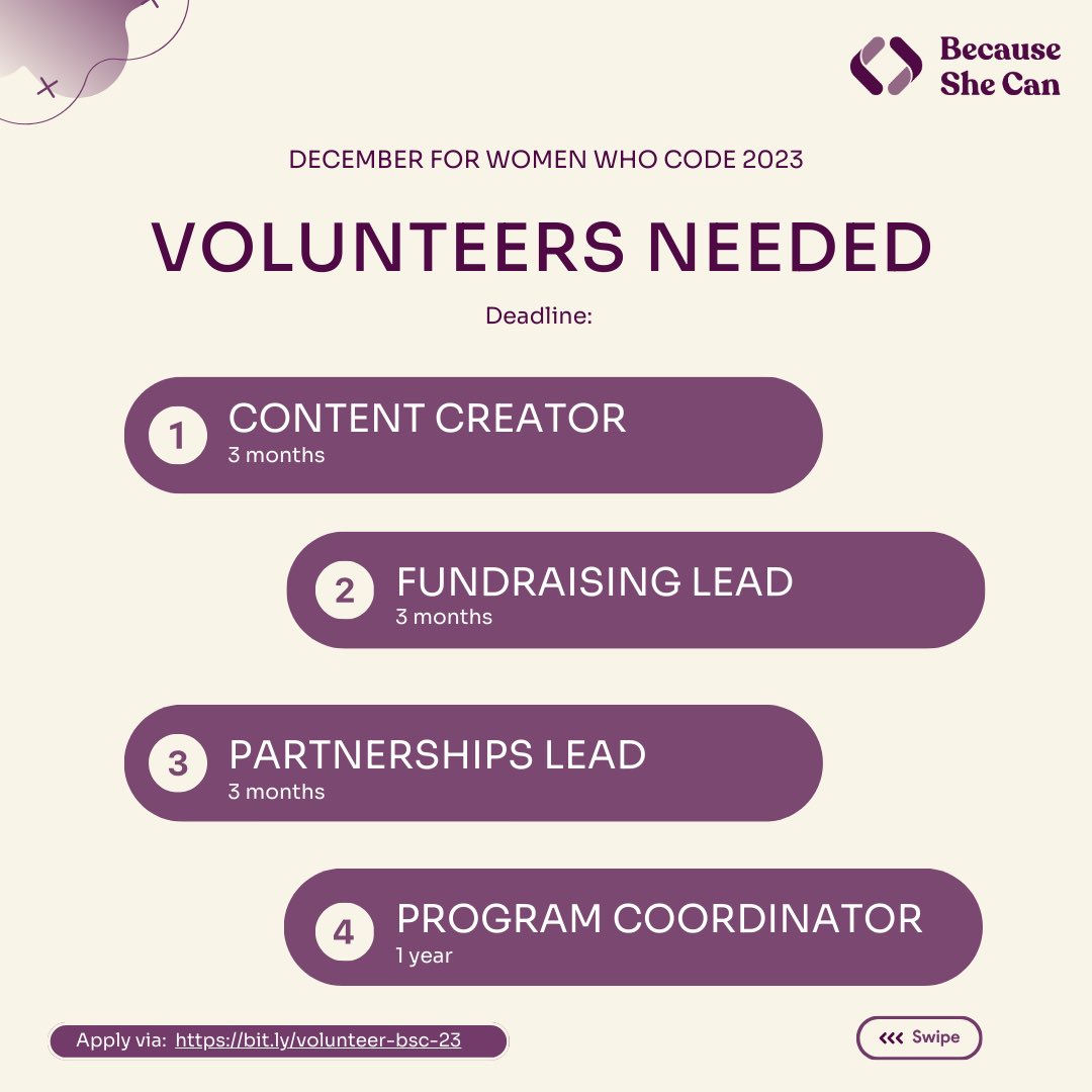 #BecauseSheCan #VolunteersNeeded #Volunteer 
December for women who code!