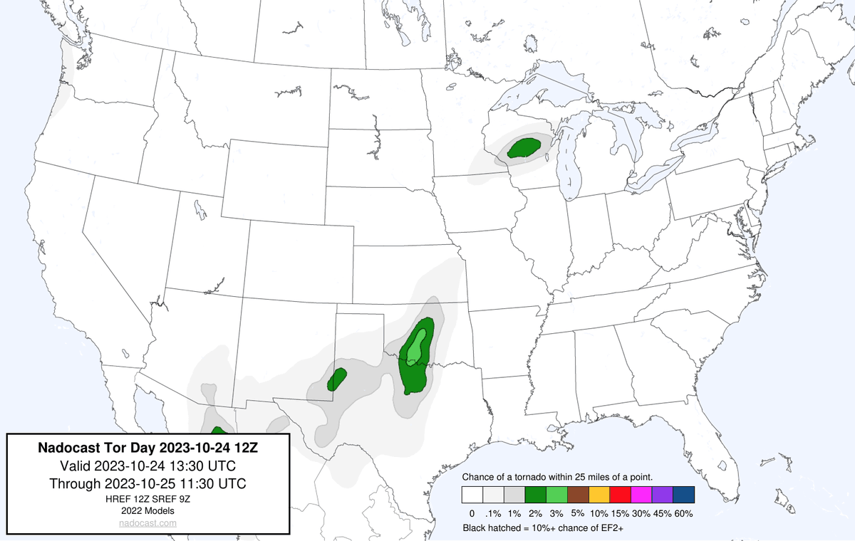 nadocast's tweet photo. 12Z Day Tornado Forecast (New New 2022 Models) https://t.co/UMnJszLrHQ