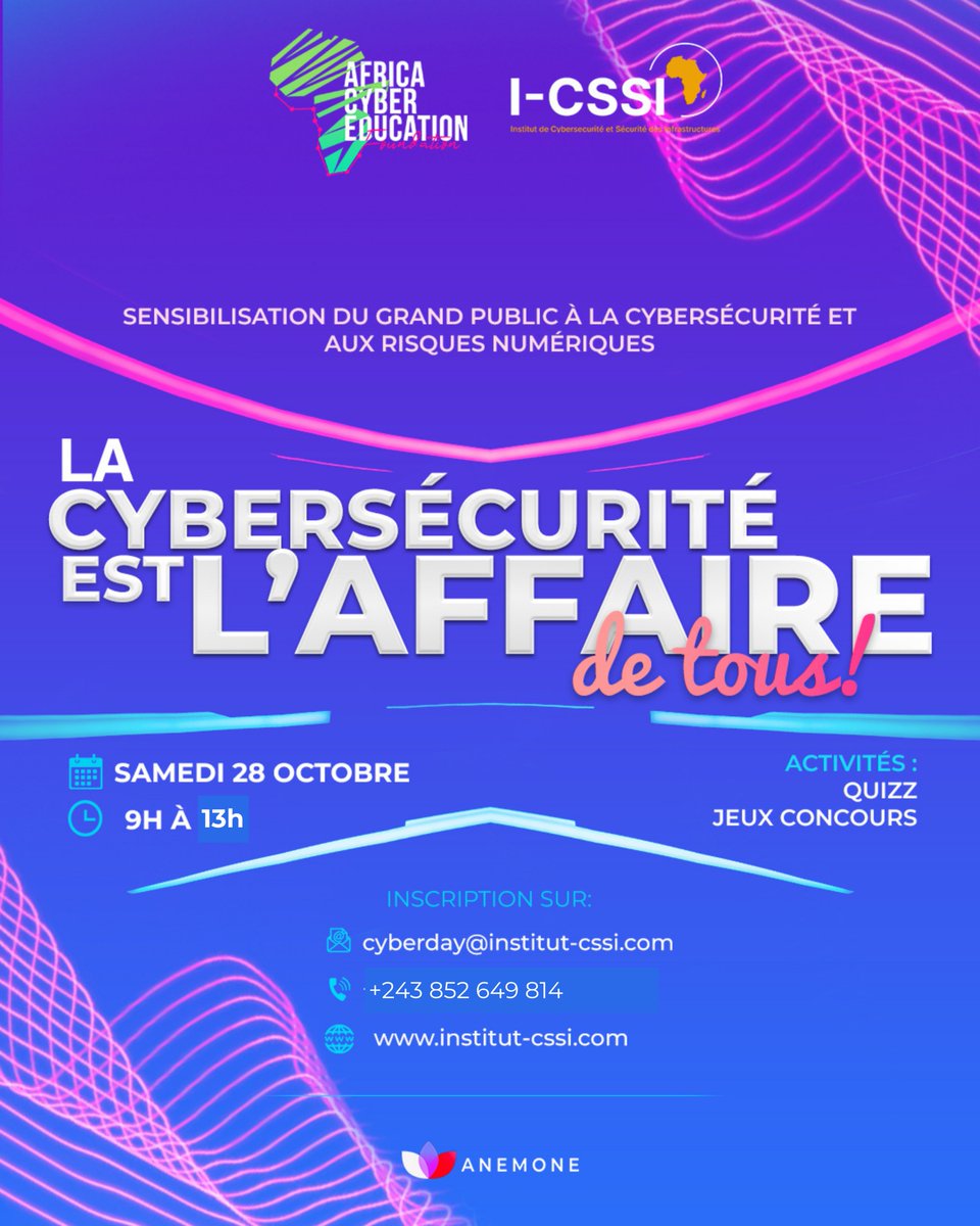 #CyberMois 🔐 🌍

Notre prochain Cyberday aura lieu le Samedi 28 octobre. Évènement exclusif et GRATUIT : La cybersécurité, l'affaire de tous PARTIE 2 !

📍 Salle showbuzz - 1er Shopping mall - Kinshasa c/Gombe

ℹ Pour plus d'informations : +243 852 649 814