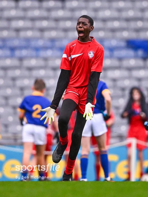 Gabriel Afolabi of St Benedict's National School celebrates after his side scored a goal during the match against St Mochta's NS at the Allianz Cumann na mBunscol Finals at Croke Park today! 📸 @SportsfileBen sportsfile.com/more-images/11…