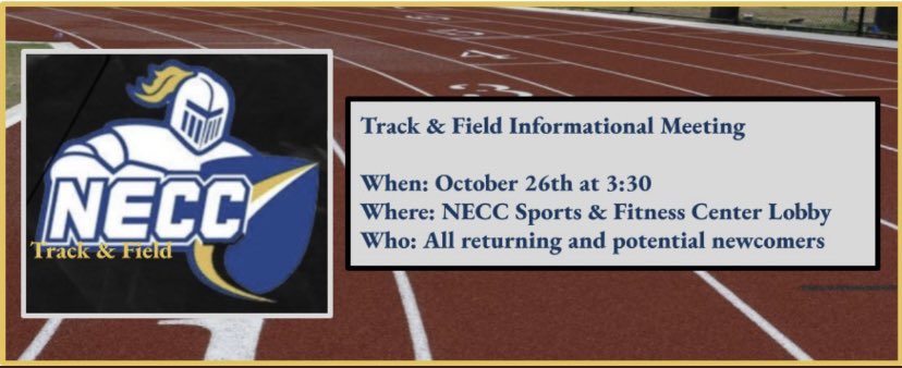 NECC Track & Field Meeting THIS Week! 

For all returning team members and interested newcomers. 
#NECCAthletics #NECCTF #NECCKnights