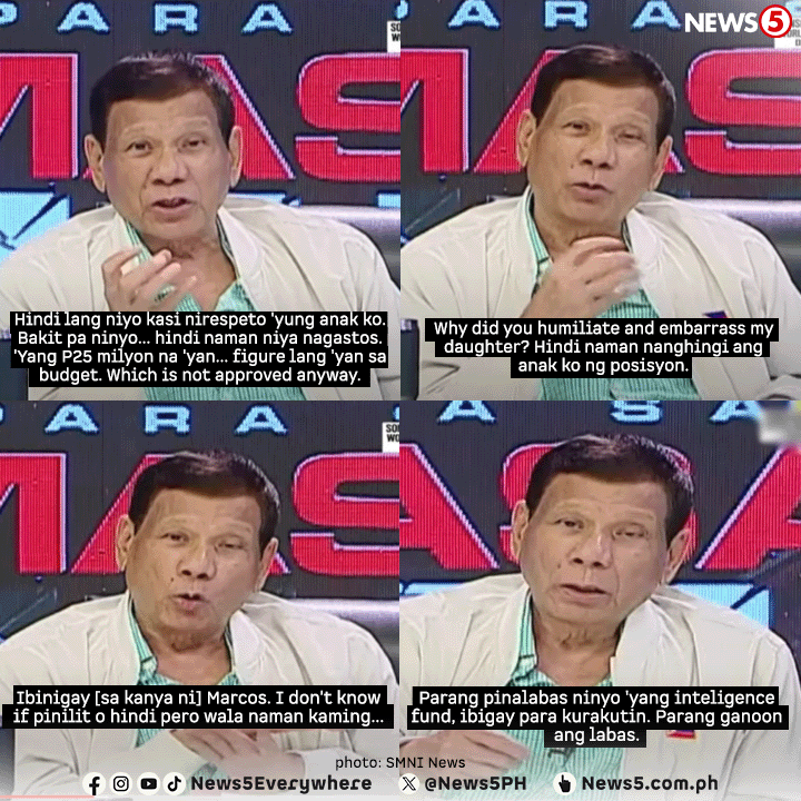 News5PH's tweet photo. 'HINDI NIYO NIRESPETO ANG ANAK KO'

‘Yan ang hinaing ni dating pangulong Rodrigo Duterte sa Kamara kaugnay sa hinarang na confidential funds na hiniling ni Vice Pres. Sara Duterte para sa taong 2024. Sinabi ito ni Duterte sa kanyang programa sa SMNI News nitong October 24. #News5 https://t.co/isHbE53nZ9