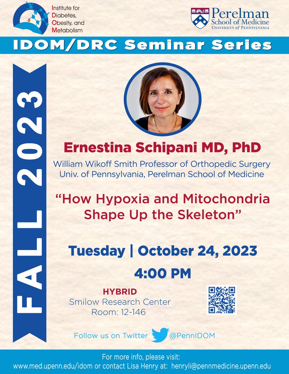 Penn IDOM/DRC Seminar: 10/24/23 @ 4pm - Ernestina Schipani - “How Hypoxia and Mitochondria Shape Up the Skeleton”.
Please see email or DM for login details.
#IDOMSeminar