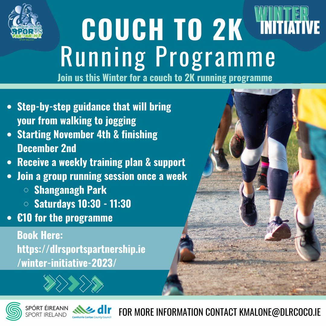 Starting a jogging routine can be tough, but with our Winter Initiative Couch to 2K (walk/jog) program, you'll have all the support and guidance you need to succeed!🏃🏃‍♂️🏃‍♀️ Book Here: dlrsportspartnership.ie/winter-initiat… @dlrcc @sportireland