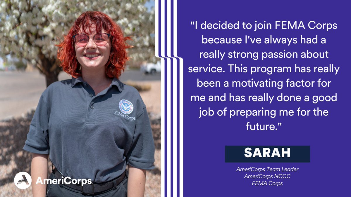 This #TuesdayTestimonial comes from Sarah, an @AmeriCorps Team Leader serving in the @FEMA Corps program. If you have a passion to serve, like Sarah, and want to gain skills that will lead to potential employment after serving, apply today! ↙️ bit.ly/NCCC_FEMACorps…