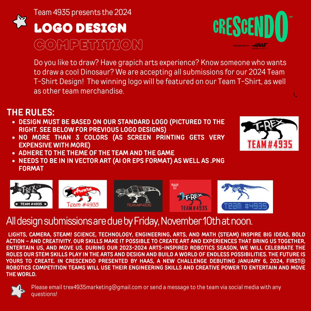 MelisssaMcAtee's tweet photo. FRC Team T-Rex 4935 is looking for a logo for 2024 competition season! This year's game is called Crescendo!  If you or anyone you know is interested in submitting a design for this contest, Please reach out! #Logo #graphicdesign #robotics @TRex4935 https://t.co/3M7xIU3PFk