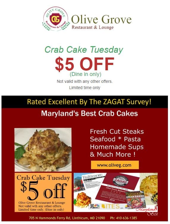 Crab Cake Tuesday 
$5 OFF (Dine in only)
Not valid with any other offers.
Limited time only
.
.
#OliveGroveCrabCakeTuesday #OliveGrove #MarylandEats #MarylandCrab #LinthicumHeights #YelpMaryland #MarylandFoodies #EatMaryland