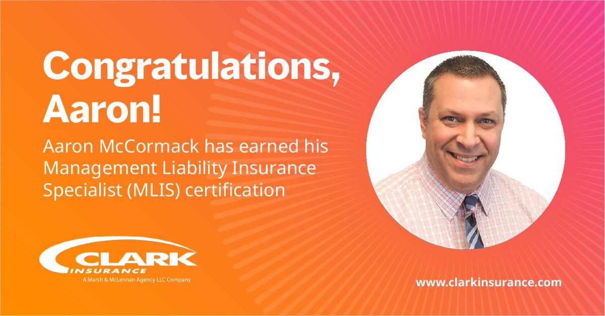 Congratulations to Aaron McCormack for earning his Management Liability Insurance Specialist (MLIS) certification!

The MLIS provides specialized expertise in professional liability insurance including directors and officers, employment practices, fiduciary, &amp; cyber exposures.