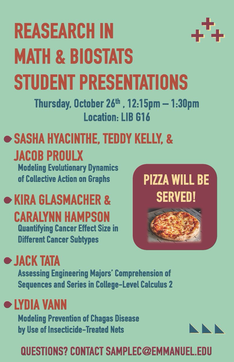 EC_Math_Dept's tweet photo. This Thursday 10/26 at 12:15pm, we'll celebrate the wonderful research our students did this past summer, both on campus and elsewhere.

Join us in LIB G16 for pizza, math, and science! 🍕🔢⚛️ https://t.co/aVnsCZF9rp