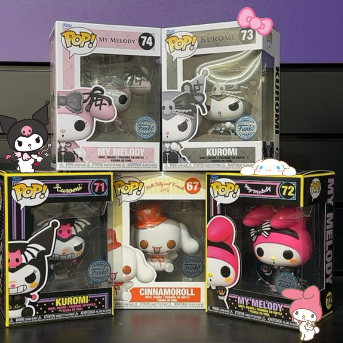 We love these Sanrio pops! 🩷🖤 #Sanrio #MyMelody #Kuromi #Cinnamoroll #HelloKitty #PopVinyl #Pop