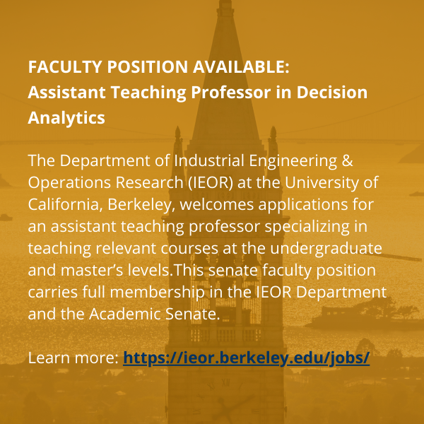 BerkeleyIEOR's tweet photo. 📢 Faculty Job Alert 📢 

Berkeley IEOR is hiring 2 positions:

1️⃣ Assist. Professor in Resilient and Sustainable Supply Chains
2️⃣ Assist. Teaching Professor in Decision Analytics

Learn More: https://t.co/g4TtTsJO7h

Apply &amp; share with your networks! @UCBerkeley @Cal_Engineer https://t.co/mijAPUHDUD