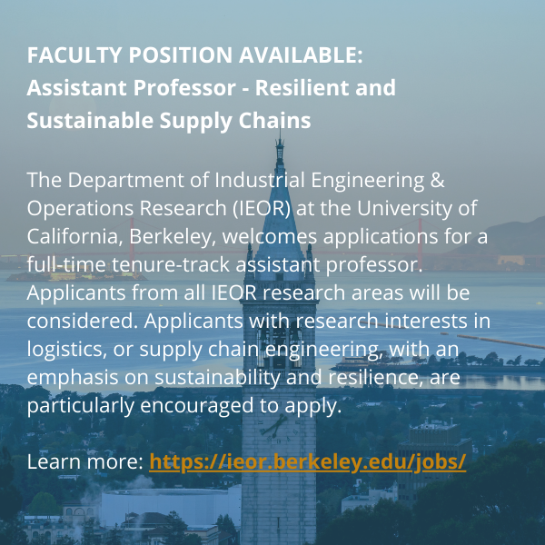 BerkeleyIEOR's tweet photo. 📢 Faculty Job Alert 📢 

Berkeley IEOR is hiring 2 positions:

1️⃣ Assist. Professor in Resilient and Sustainable Supply Chains
2️⃣ Assist. Teaching Professor in Decision Analytics

Learn More: https://t.co/g4TtTsJO7h

Apply &amp; share with your networks! @UCBerkeley @Cal_Engineer https://t.co/mijAPUHDUD