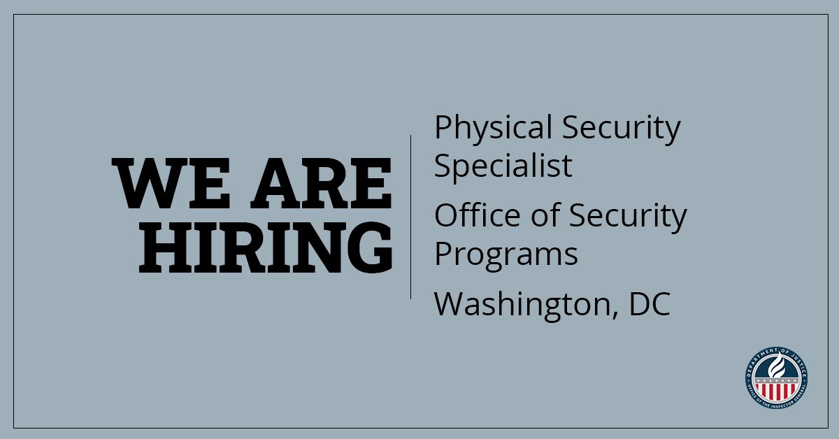 We are hiring a GS 12–13 Physical Security Specialist to assist with security services OIG-wide and assist with the planning, implementation, and management of physical security protection methods and procedures. Apply by 11/03 @USAJOBS: usajobs.gov/job/756214000