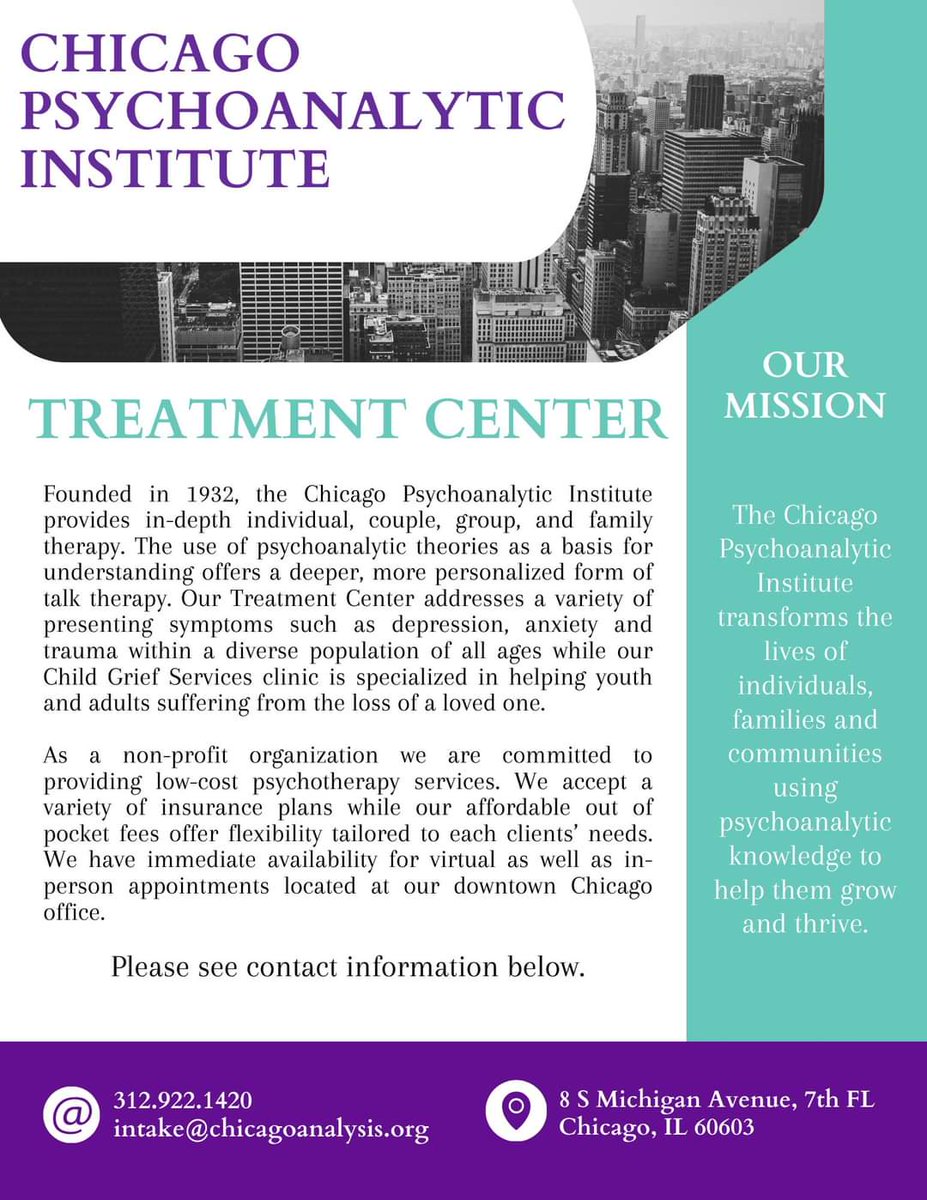 The Chicago Psychoanalytic Institute is now accepting new patients at low-fee rates. Please contact us by phone or email with inquiries.