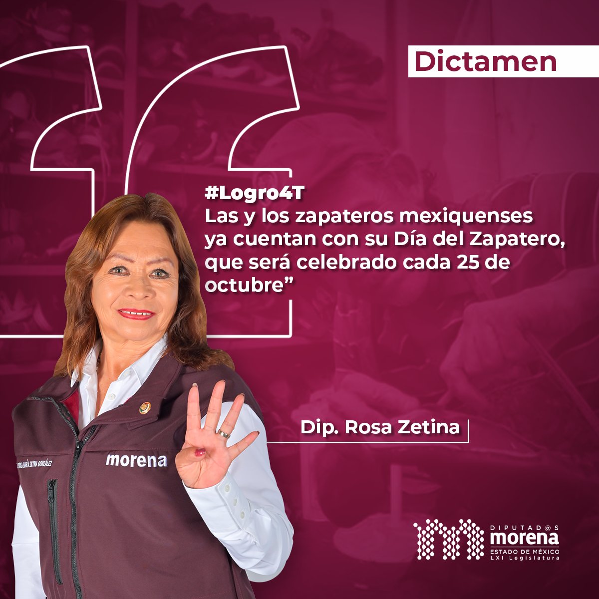 DipMorenaEdomex's tweet photo. #Logro4T, honramos el esfuerzo y la tradición de los zapateros mexiquenses. ¡Prepárate para celebrar el Día del Zapatero el 25 de octubre! 🥾 @RosaMZetinaG
#DiputadaDeLaEsperanza
#TuEstadoDeBienestar https://t.co/8Ug9SnBoX5