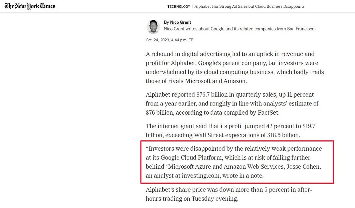 ⚠️ Alphabet $GOOGL is down 7% in after-hours trade. As I told @NYTimes,  investors were disappointed by the relatively weak performance at its Google  cloud platform, which is at risk of falling