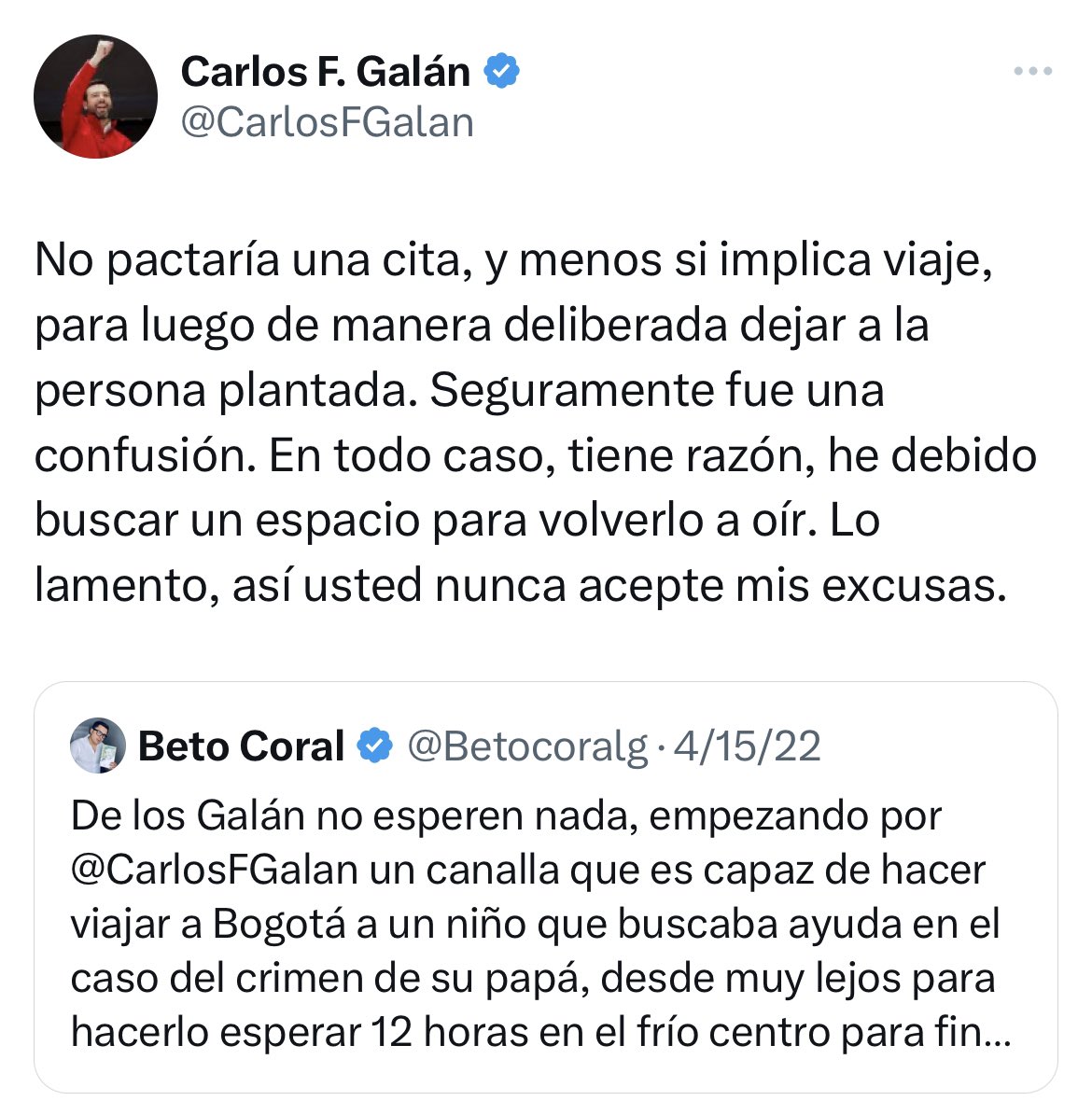Hace un año y medio, lejos de esta campaña a la alcaldía, escribí este hilo sobre <a href="/CarlosFGalan/">Carlos F. Galán</a>. Recuerdo el día que pactó una cita con un niño para ayudarle en el caso de la investigación por la muerte de su papá. Lo hizo viajar a Bogotá para después de 8 horas, nunca aparecer.