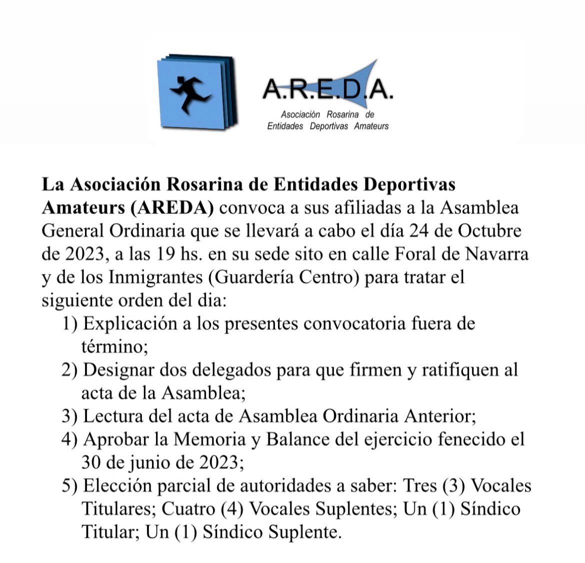 aredaclubes's tweet image. Convocamos hoy a nuestros afiliados a las 19:00hs en la guardería centro para una Asamblea General Ordinaria. ✅