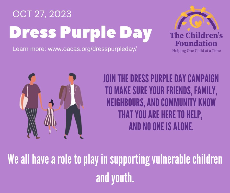 Today, on Dress Purple Day, we make sure children, youth, and families know that there are resources and services available to help them 💜 <a href="/TCFSince1991/">The Children's Foundation</a> 

Find out more about the campaign here: oacas.org/dresspurpleday