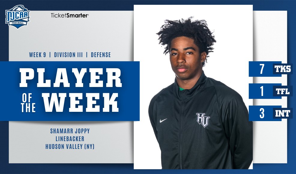 A 🎩 trick of picks

<a href="/HVCCVIKINGS/">HVCC Athletics</a> linebacker Shamarr Joppy is the #NJCAAFootball DIII Defensive Player of the Week, presented by <a href="/TicketSmarter/">TicketSmarter</a>.

Joppy picked off Erie three times and led the Vikings to a big conference win.

#NJCAAPOTW