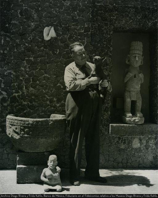 Diego Rivera tuvo entre sus mascotas a diversos animales como: pericos, monos, gatos y perros. En esta fotografía aparece acompañado de uno de sus perros.