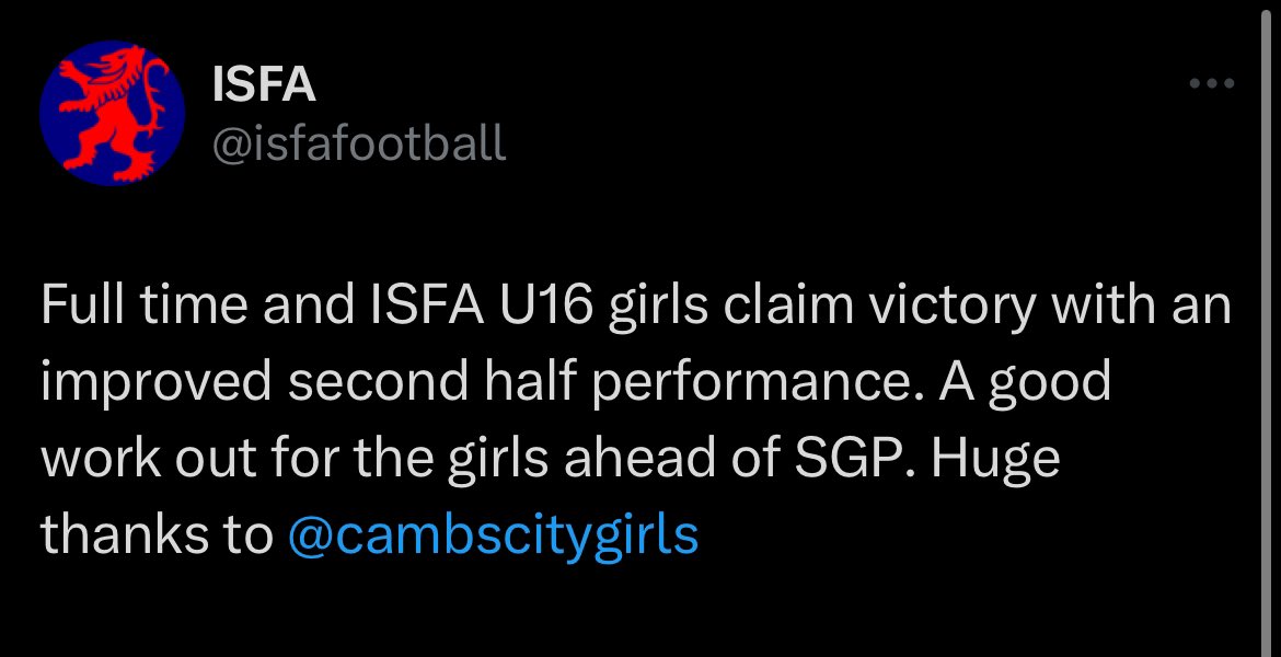 A win for ISFA U16 team tonight. What a great experience. @isfafootball @Limitlesskit @ReptonGFC thanks for the great opposition @cambscitygirls #thisgirlcan #girlsinsport #keepimproving