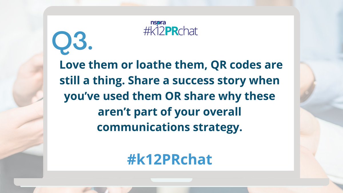 NSPRA's tweet photo. Q3. Love them or loathe them, QR codes are still a thing. Share a success story when you’ve used them OR share why these aren’t part of your overall communications strategy. #k12PRchat https://t.co/BjKA1lcWVg