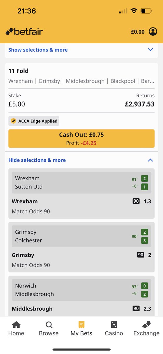 Phil_Durrant's tweet photo. @NudgeXS @Betfair Now one of my predictions is going against me with a few minutes to go, a negative cashout suddenly appears. They weren’t so quick to offer anything when 9 out of 11 were going in my favour 20 minutes ago! https://t.co/k0sw9h32kD