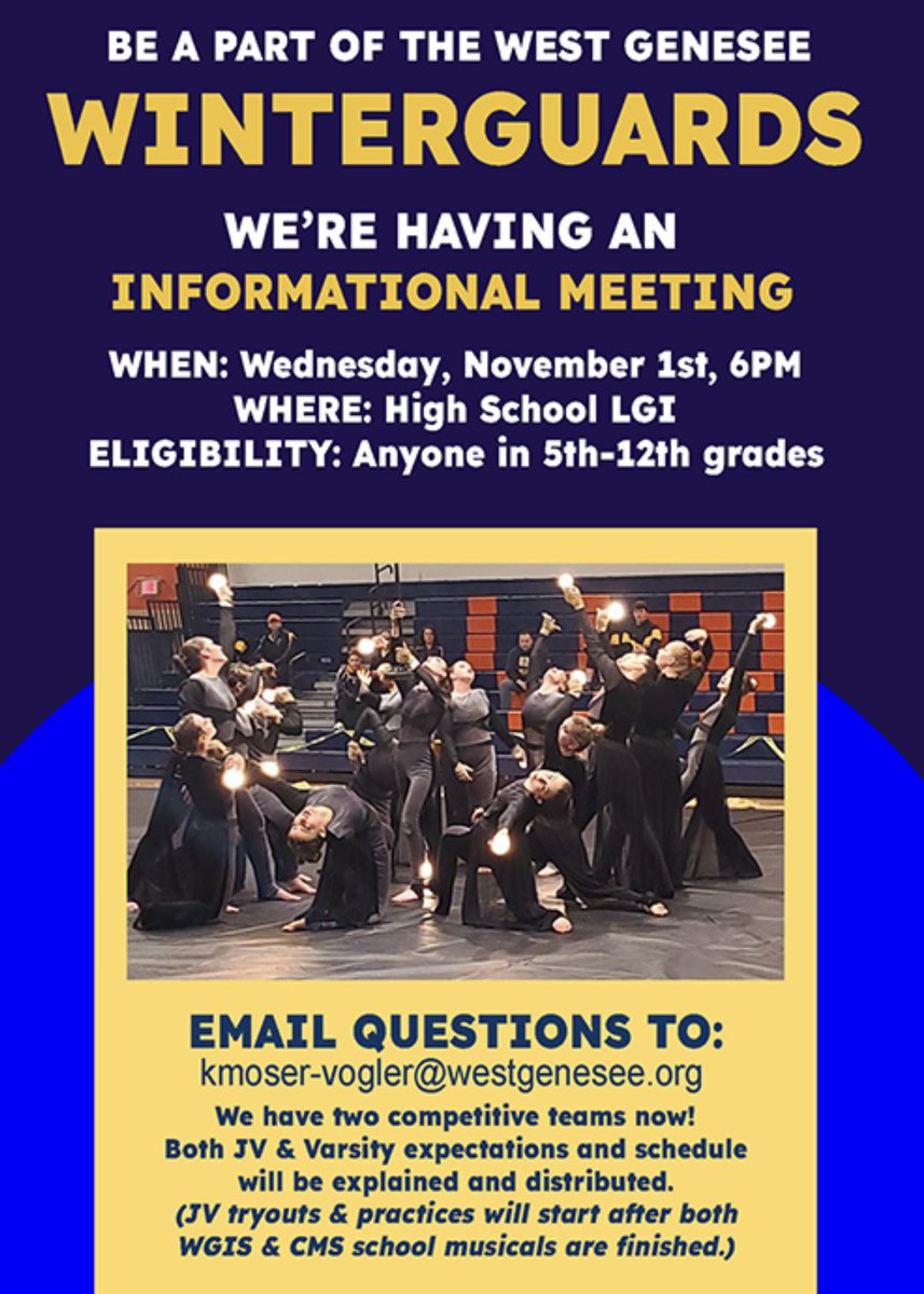 Be a part of West Genesee’s award winning, competitive Winter Performance Ensemble! We are expanding, having both a JV and Varsity group this year! Come to our informational meeting Wednesday, November 1st from 6-7pm in the high school LGI. <a href="/WGFineArts/">West Genesee Fine Arts</a> <a href="/WestGeneseeCSD/">West Genesee Schools</a>
