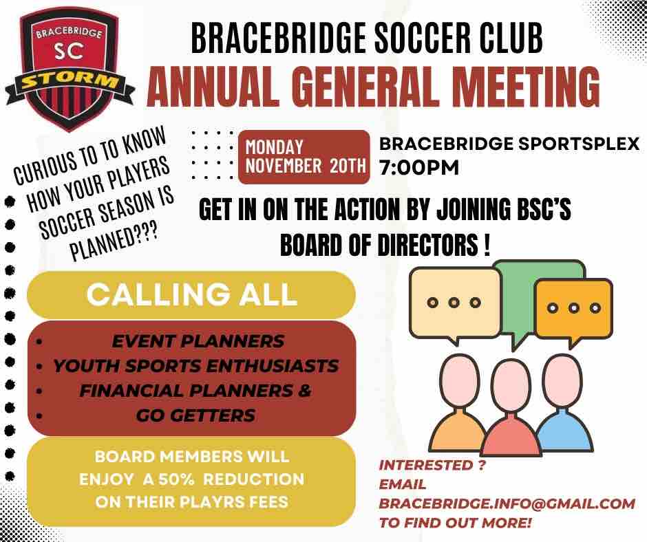 Bracebridge Soccer Club’s Annual AGM is just around the corner! Monday Nov 20, 7pm. All 2023 Members are welcome to attend.