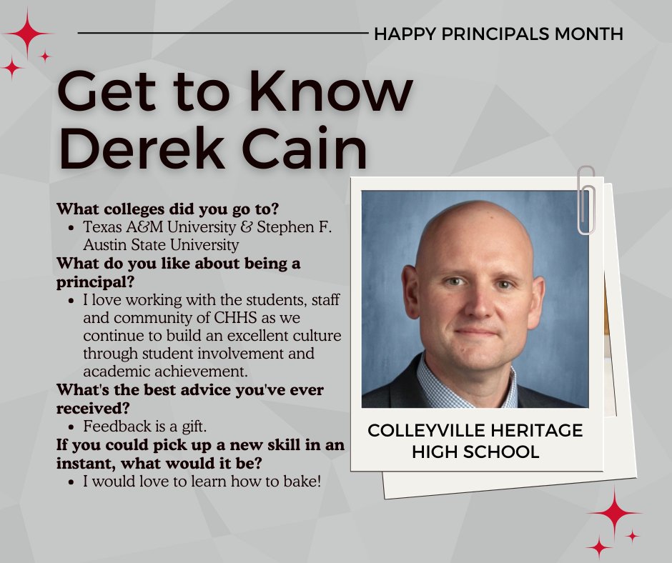 Celebrate Principals Month by getting to know the principal of <a href="/chhspanthers/">CHHS Panthers</a>, Mr. Cain. The best advice he has received is that feedback is a gift.

Thank you Principal Cain for all you do for your school and GCISD. #WeAreGCISD