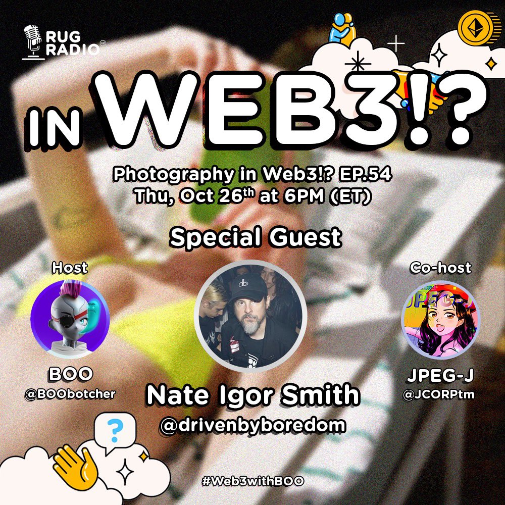 BOO π (@boobotcher) on Twitter photo LIVE <a href="/RugRadio/">Rug Radio</a> brought to you by <a href="/Web3withBOO/">Web3withBOO</a> ! ! !
Hosted by yours truly!
Co-Hosted by: <a href="/jcorptm/">Jpeg-J.eth β€οΈβπ₯</a>
SPECIAL Guest: <a href="/drivenbyboredom/">Nate Igor Smith</a>
Click that link above to remind yourself! LIVE <a href="/RugRadio/">Rug Radio</a> brought to you by <a href="/Web3withBOO/">Web3withBOO</a> ! ! !
Hosted by yours truly!
Co-Hosted by: <a href="/jcorptm/">Jpeg-J.eth β€οΈβπ₯</a>
SPECIAL Guest: <a href="/drivenbyboredom/">Nate Igor Smith</a>
Click that link above to remind yourself!