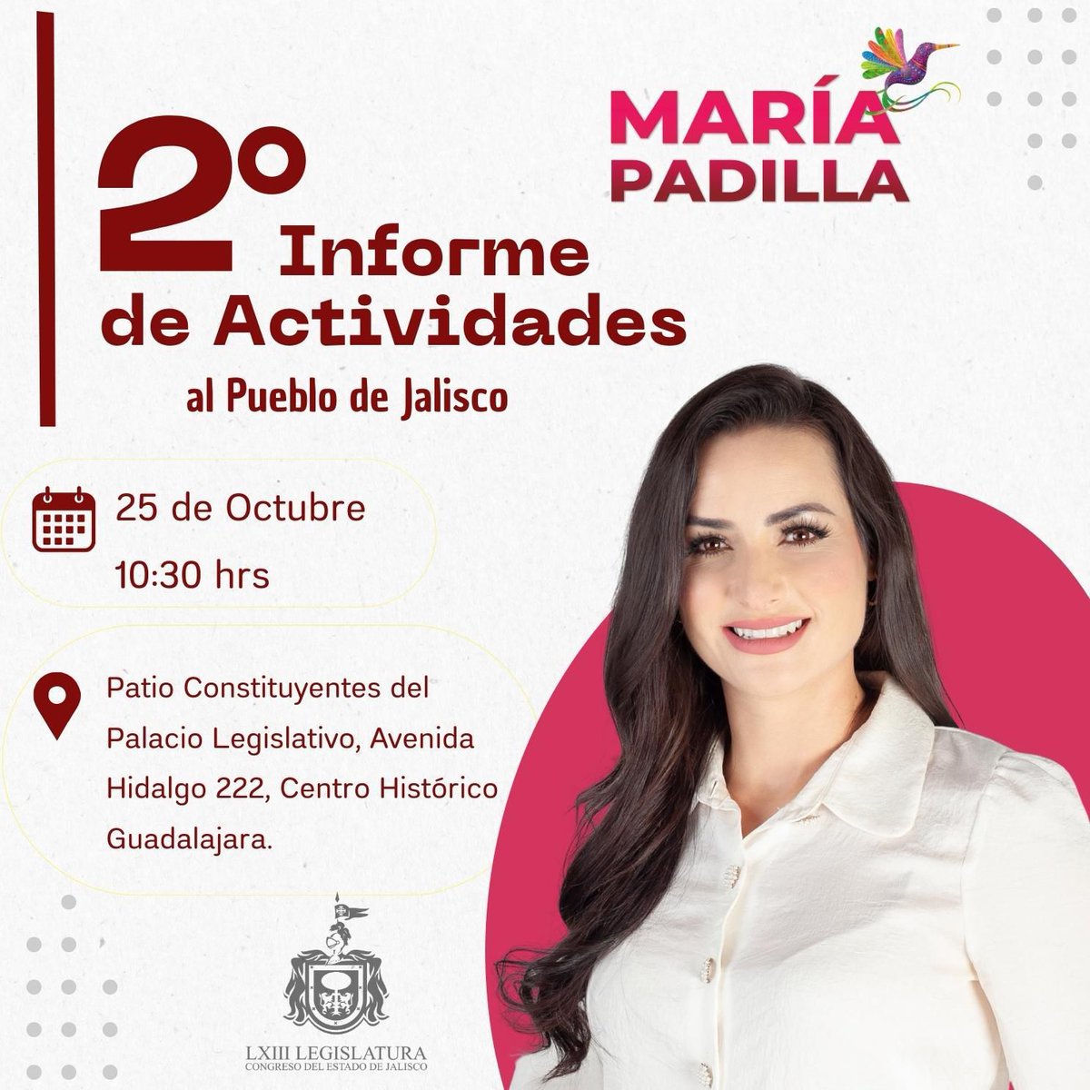 Les hago una cordial invitación a mi Segundo Informe Legislativo, mañana miércoles 25 de octubre a las 10:30 de la mañana, en el Patio Central del <a href="/LegislativoJal/">Congreso de Jalisco</a>
Me dará mucho gusto verles, y rendir cuentas juntos del trabajo que hemos realizado. ¡Los espero!