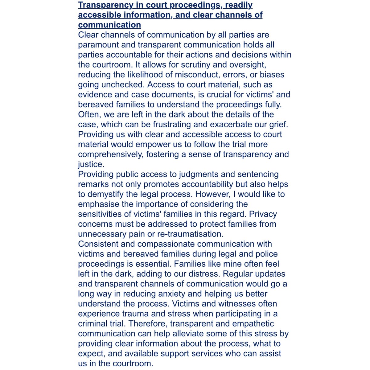 An extract of our response to the Open Justice: the way forward consultation 2023 the first public consultation that the @MoJGovUK has taken on open justice since 2012. #openjustice #openjusticeforall