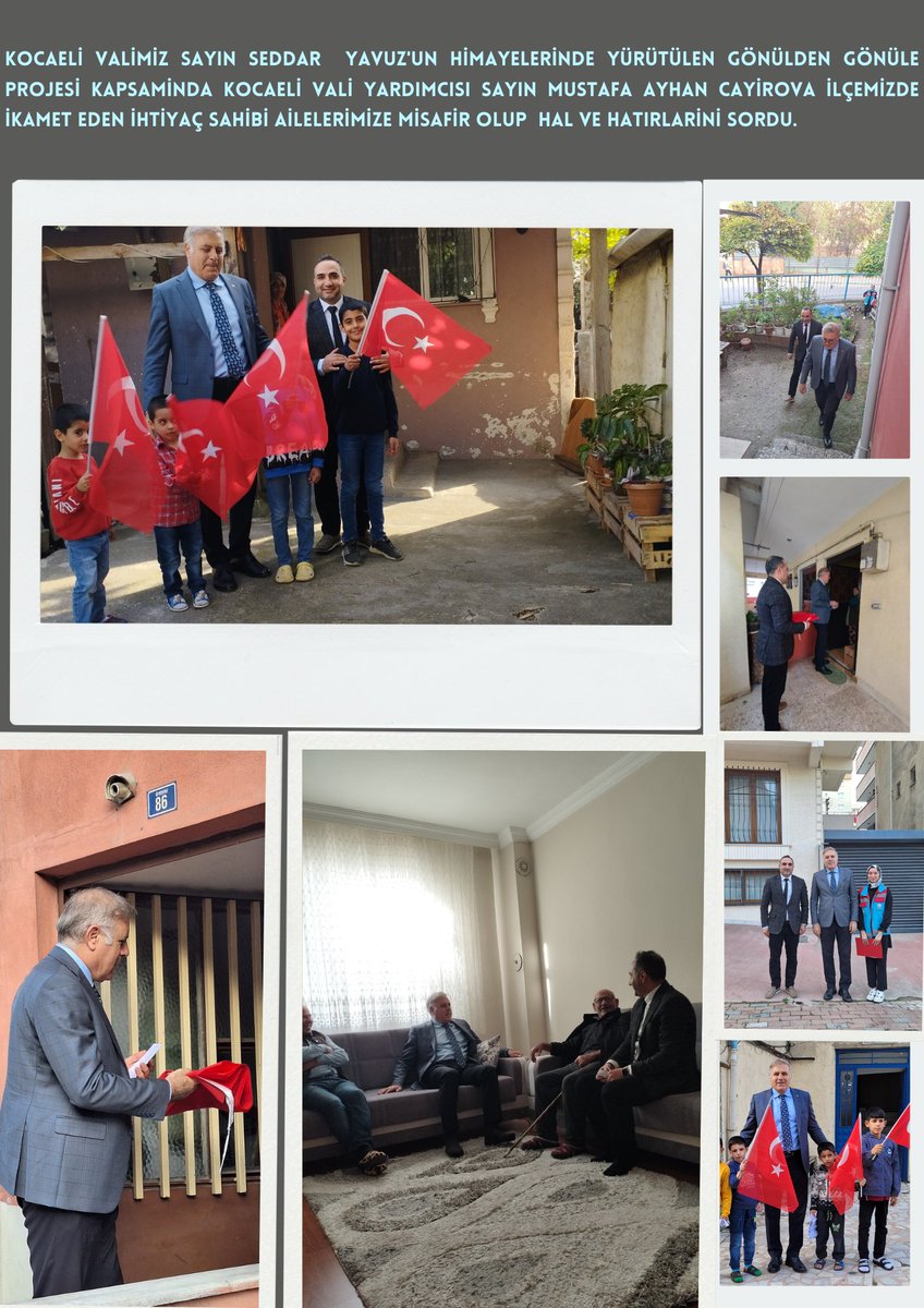 Kocaeli Valimiz  Sayın <a href="/SeddarYavuz/">Seddar Yavuz</a> beyefendinin himayelerinde yürütülen  #GönüldenGönüle Projesi kapsamında Kocaeli Vali Yardımcımız Sayın Mustafa Ayhan Çayirova ilçemizde 10 ihtiyac sahibi aileyi ziyaret etti. <a href="/kocaelivaliligi/">TC Kocaeli Valiliği</a> <a href="/TC_icisleri/">T.C. İçişleri Bakanlığı</a> <a href="/tcailesosyal/">T.C. Aile ve Sosyal Hizmetler Bakanlığı</a>