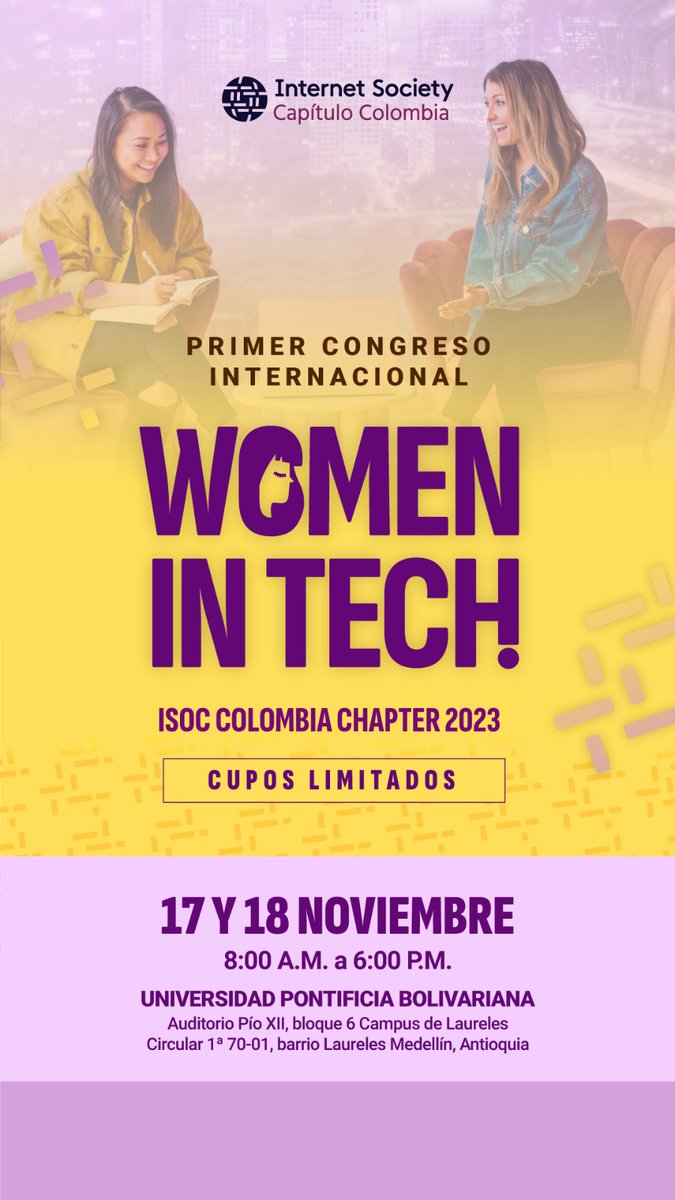 ISOCcolombia's tweet photo. @ISOCcolombia y @upbcolombia los invita al Primer Congreso Internacional Women in Tech ISOC Capitulo Colombia. Evento Híbrido.
Inscripciones: https://t.co/ogPqVn3pgw
Mayor Información: https://t.co/46Cc6zzwXN
@ISOC_LAC
@isocec
@ISocPanama
@isocpr
@MlSanchez56
@janettgama https://t.co/5wTrXwsir0